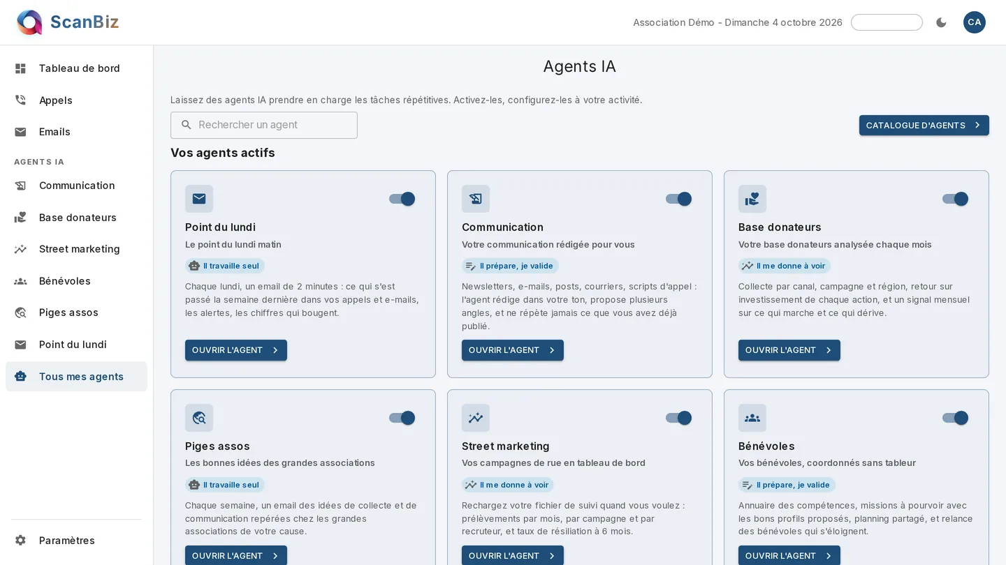 The AI agents running in a nonprofit's ScanBiz portal: weekly briefing, written communications, donor database, ideas from large charities, street fundraising, volunteers, each turned on with a switch