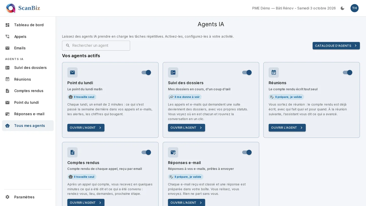 Les agents IA actifs dans le portail ScanBiz : le point de la semaine, le suivi des dossiers, les comptes rendus, les réponses e-mail, chacun activable d'un interrupteur
